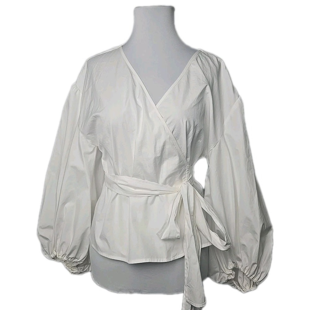MK Michael Kors White Poplin Cotton‎ Puff Sleeve Wrap Top Large  L New $145